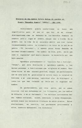 Discurso de Don Andrés Aylwin Azócar al recibir Premio "Monseñor Romero" "SERPAJ" 1990