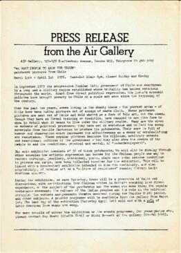 Documento relativo a la exposición “We want people to know the truth. Patchwork pictures from Chile”, Air Gallery.