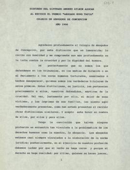 DIscurso del diputado Andrés Aylwin Azocar al recibir el premio "Abogado Hugo Tapia" Colegio de Abogados de Concepción