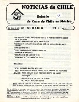 Noticias de Chile. N°61. Año II. Del 6 al 11 de noviembre de 1985.