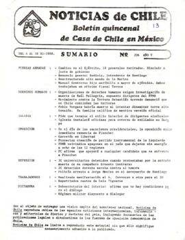 Noticias de Chile.N°206 Año V. Del 4 al 16 noviembre de 1988.