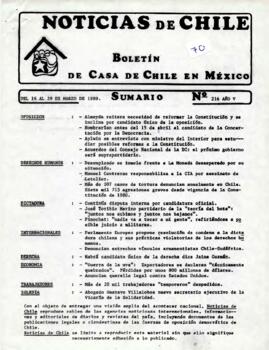 Noticias de Chile. N°216. Año V. Del 16 al 29 de marzo de 1989.