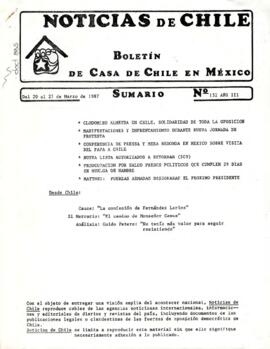 Noticias de Chile.N°132. Año III. Del 20 al 27 de marzo de 1987.