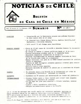 Noticias de Chile. N°211. Año V. Del 19 de enero al 10 de febrero de 1989.