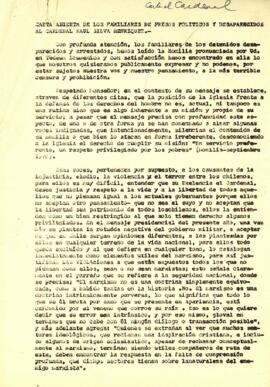 Carta abierta de los Familiares de Presos Políticos y desaparecidos al Cardenal Raúl Silva Henríquez