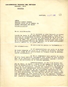 Carta del Rector Eugenio Reyes Tastets, Universidad técnica del Estado, confirmando la expulsión de Marlene Schulz Valdés
