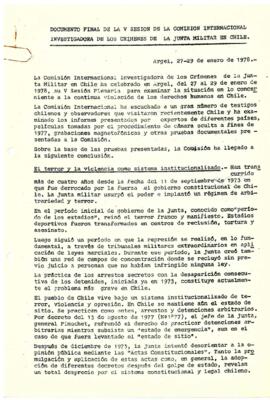 Documento final de la V sesión de la Comisión Internacional Investigadora de los Crímenes de la Junta Militar en Chile.
