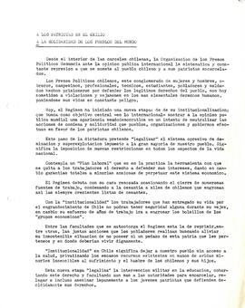 "A los patriotas en el exilio, a la solidaridad de los pueblos del mundo: Desde el interior de las cárceles chilenas..." (1)