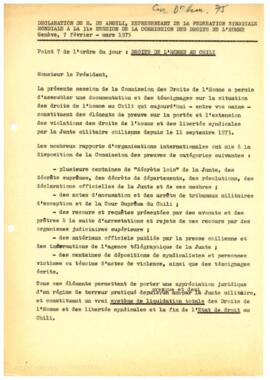 Declaration de M. de Angelini, representant de la federation syndicale mondiale a la 3la session de la comission des droits de l'home.