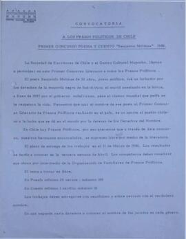 Convocatoria “A los presos políticos de Chile. Primer concurso de poesía y cuento “Benjamín Moloise” 1986.