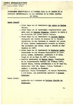 Documentos audiovisuales de pruebas para la 5° sesión de la Comisión Investigadora de Crímenes de la Junta Militar en Chile