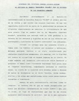 Discurso del diputado Andrés Aylwin Azócar, al recibir el premio "Monseñor Proaño"...