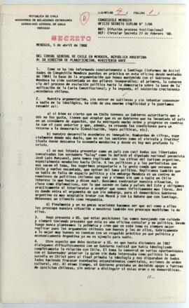 CONGECHILE Mendoza Oficio Secreto Diplan N° 1/88 - Ministerio de Relaciones Exteriores, Consulado General de Chile - Mendoza