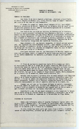 CONGECHILE Mendoza Informe de Actividades N° 1/86 - Ministerio de relaciones Exteriores, Consulado General de Chile - Mendoza (1)
