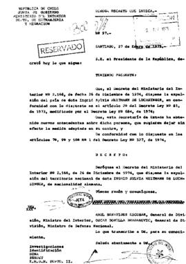 Decreto N°97. Deroga decreto del Ministerio del Interior N° 2.166 del 26 de noviembre de 1974 que dispone la expulsión del país de Ingrid Sylvia Heitmann de Luchsinger.