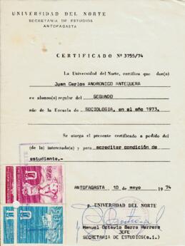 Certificado de alumno regular. Universidad del Norte. Antofagasta