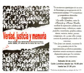 Verdad, justicia y memoria. para los detenidos desaparecidos julio 2006, 31 años de la lista de los 119