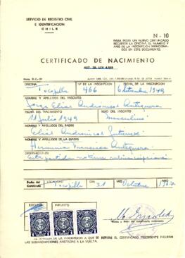 Certificado de nacimiento de Jorge Elías Andrónicos Antequera