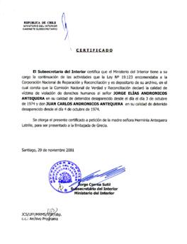 Certificado. Ministerio del Interior Gabinete Subsecretario, República de Chile