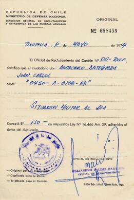 Certificado de situación militar de Juan Carlos Andrónicos Antequera