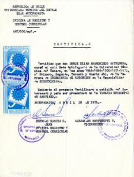 Certificado. Universidad Técnica del Estado. Sede Antofagasta