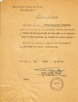 Certificado de alumno regular. Universidad Técnica del Estado. Sede Antofagasta