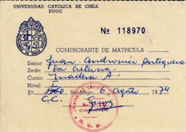 Comprobante de matricula de Juan Carlos Andrónicos Antequera